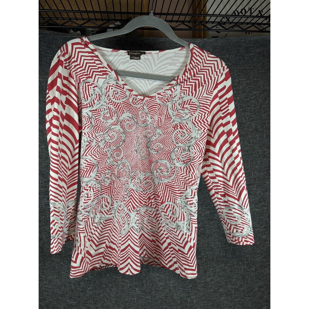 J. McLaughlin Shirt Womens Small Red Geometric 3/4 Sleeve V Neck Tunic Top